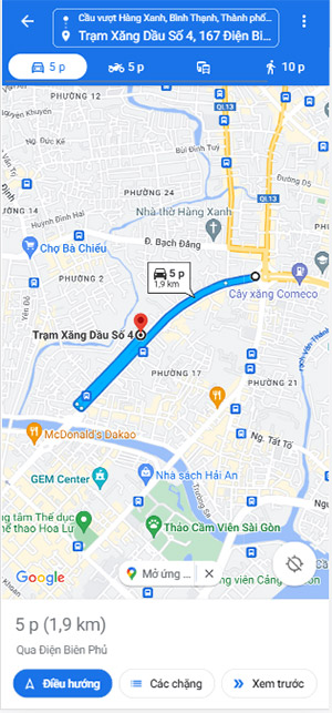 Nhấn vào đường đi để xem google map gợi ý quãng đường đi chuyển